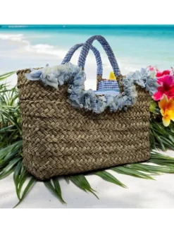 Straw Bag with Blue Flowers