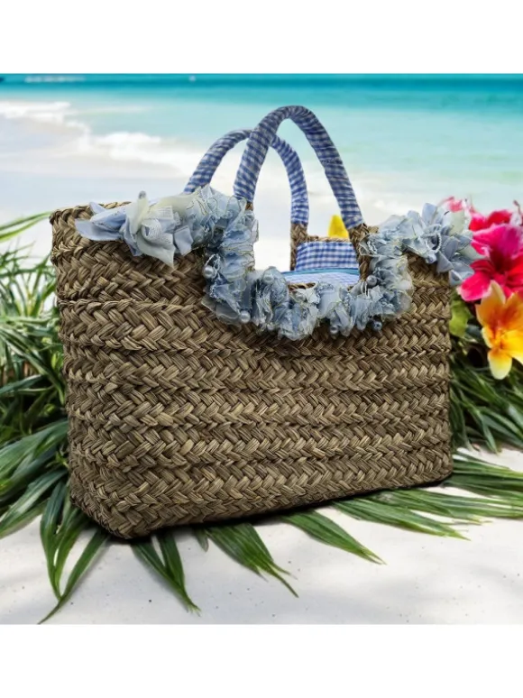 Straw Bag with Blue Flowers