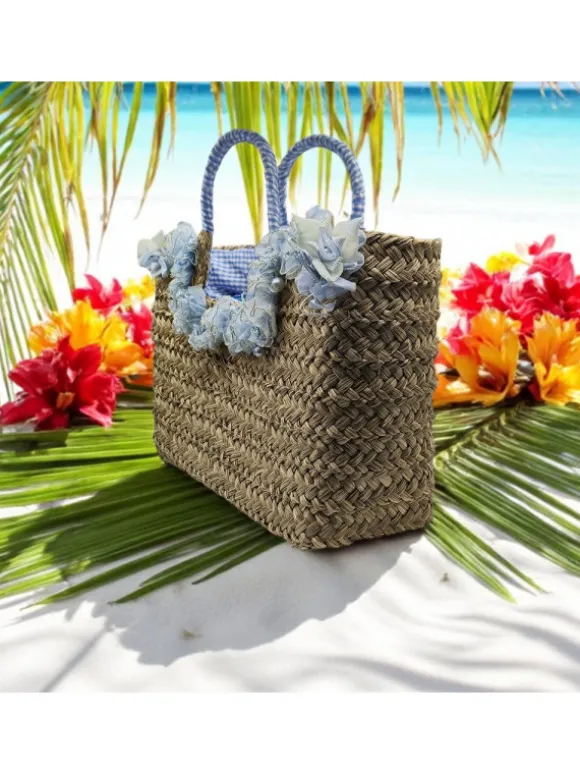 Straw Bag with Blue Flowers