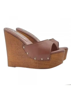 WEDGE BROWN LEATHER CLOGS