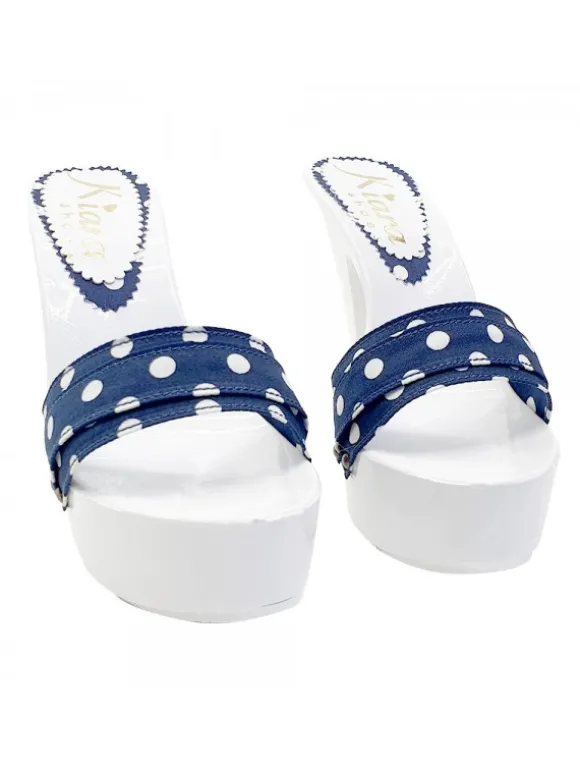 WHITE CLOGS WITH BLUE POLKA DOT BAND