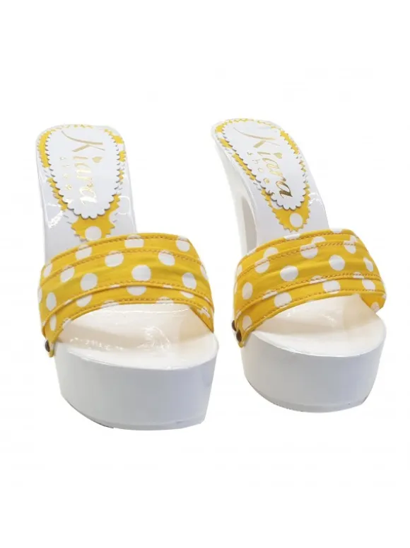 WHITE MULES WITH YELLOW POLKA DOT BAND