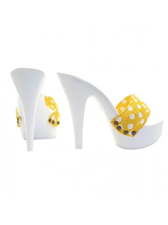 WHITE MULES WITH YELLOW POLKA DOT BAND