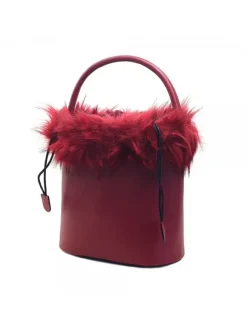 WOMEN'S RED BUCKET BAG WITH FUR