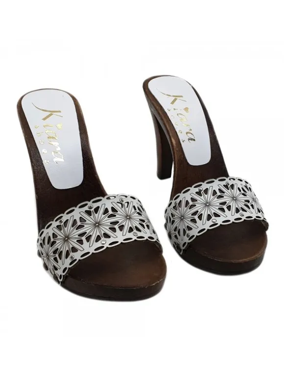 WOMEN'S WHITE LEATHER CLOGS HEEL 11