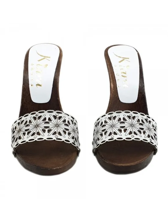 WOMEN'S WHITE LEATHER CLOGS HEEL 11