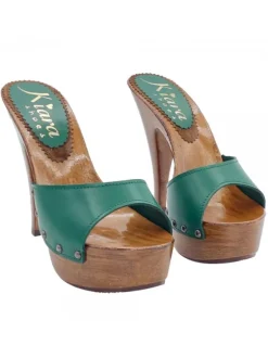 WOOD GREEN LEATHER CLOGS WITH HIGH HEEL