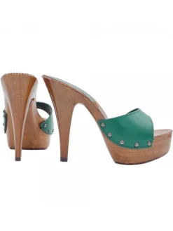WOOD GREEN LEATHER CLOGS WITH HIGH HEEL