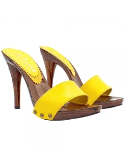 YELLOW CLOGS WITH LEATHER BAND AND HEEL 12