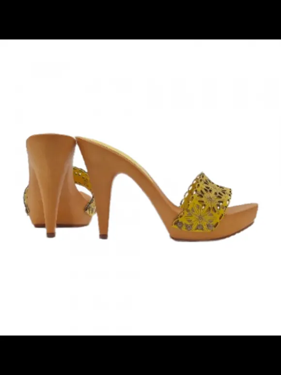 YELLOW LASERATED HIGH HEEL CLOGS