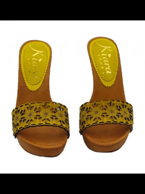 YELLOW LASERATED HIGH HEEL CLOGS
